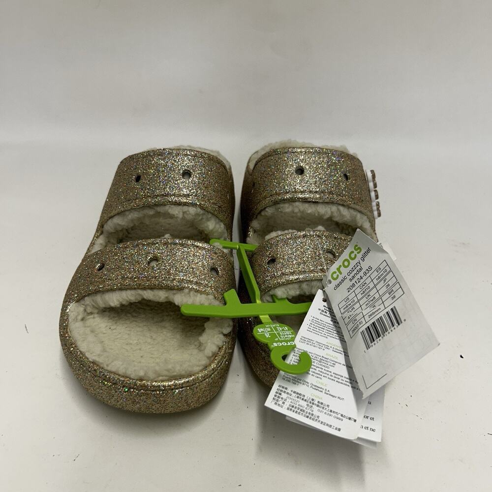 Crocs Classic Cozzzy Glitter Sandal Slide “Gold Beige” - Picture 2 of 5
